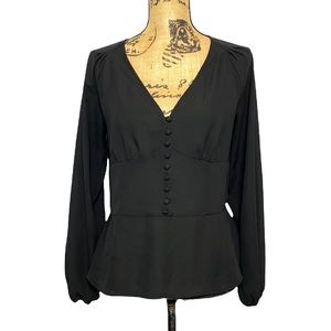 Belle & Sky Black Sheer Corset-Style Long Sleeve Sheer V-Neck Top M